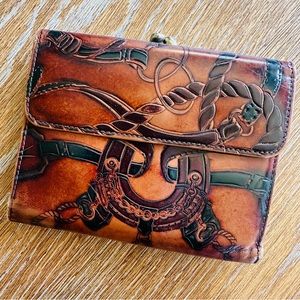 Vintage Nordstrom Leather Wallet Brown Tri Fold Italy Embossed Horse Equestrian